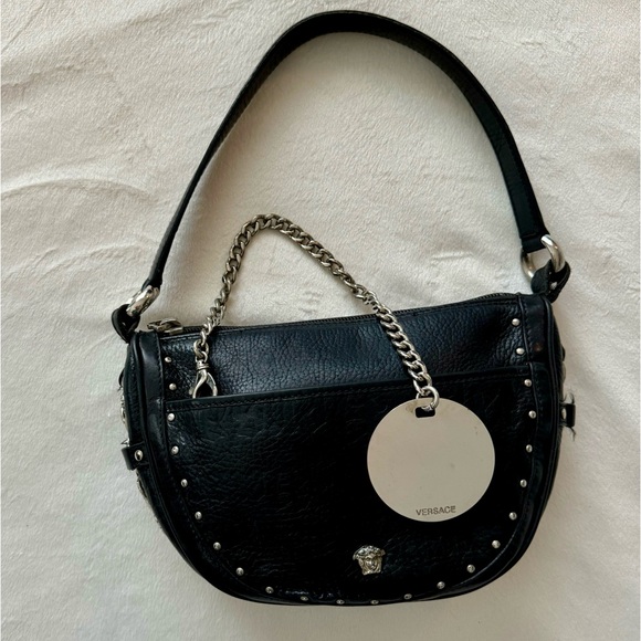 VERSACE (100% Authentic)- Vintage Black Leather Handbag - Picture 1 of 16